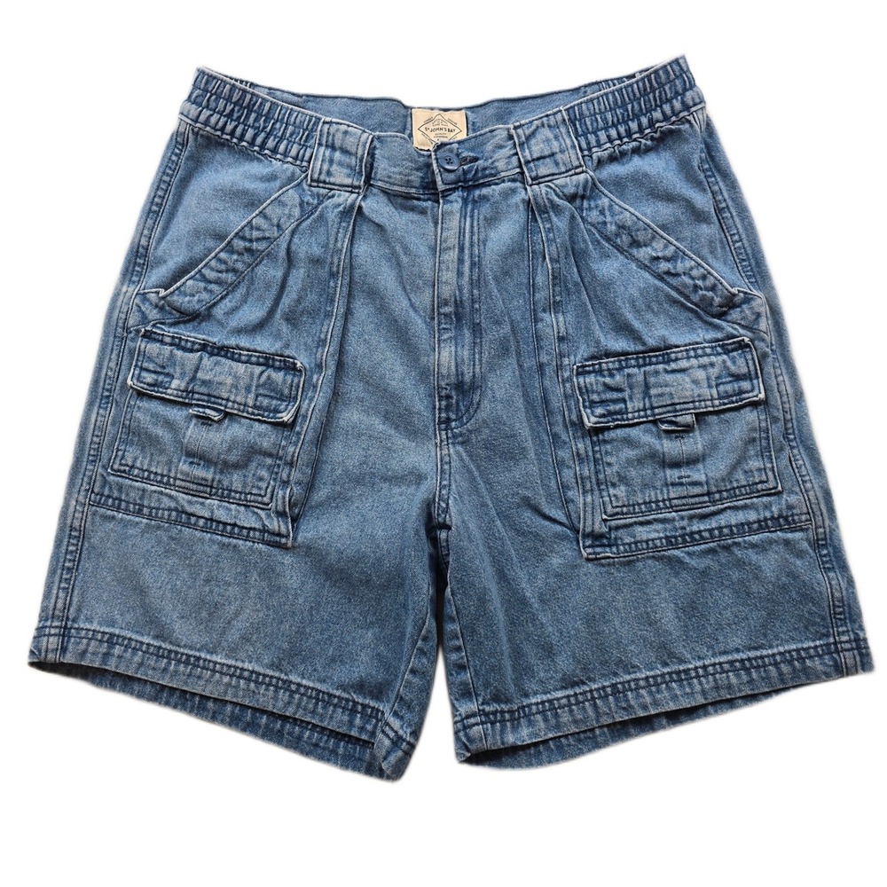 St. John's Bay Denim Cargo Shorts Mens 34 Blue Cotton Jean Elastic Waist Utility